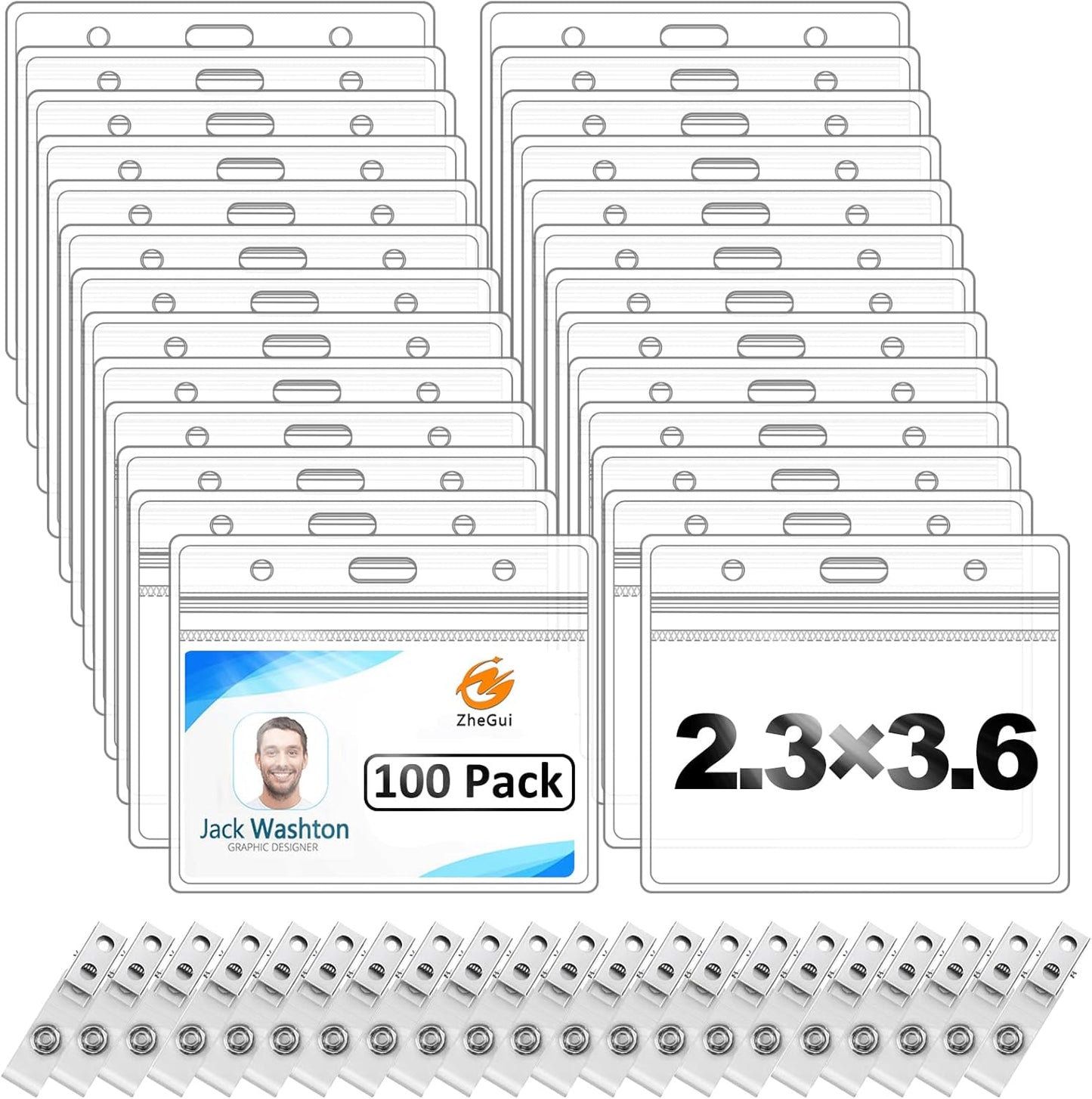 100 Pack Horizontal ID Badge Holder with Clip, Universal Waterproof PVC Transparent Name Tag Holder with Sealed Zipper(2.3 × 3.6 inch)