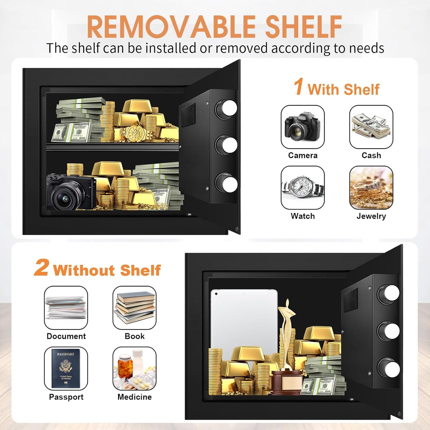 1.5 Cub Fireproof Safe for HOME USE, Anti-Theft Digital Security Safety Box with Electronic Keypad, Spare Keys and Removable Shelf, Home Safe Box Fireproof Waterproof for Money Medicine Document