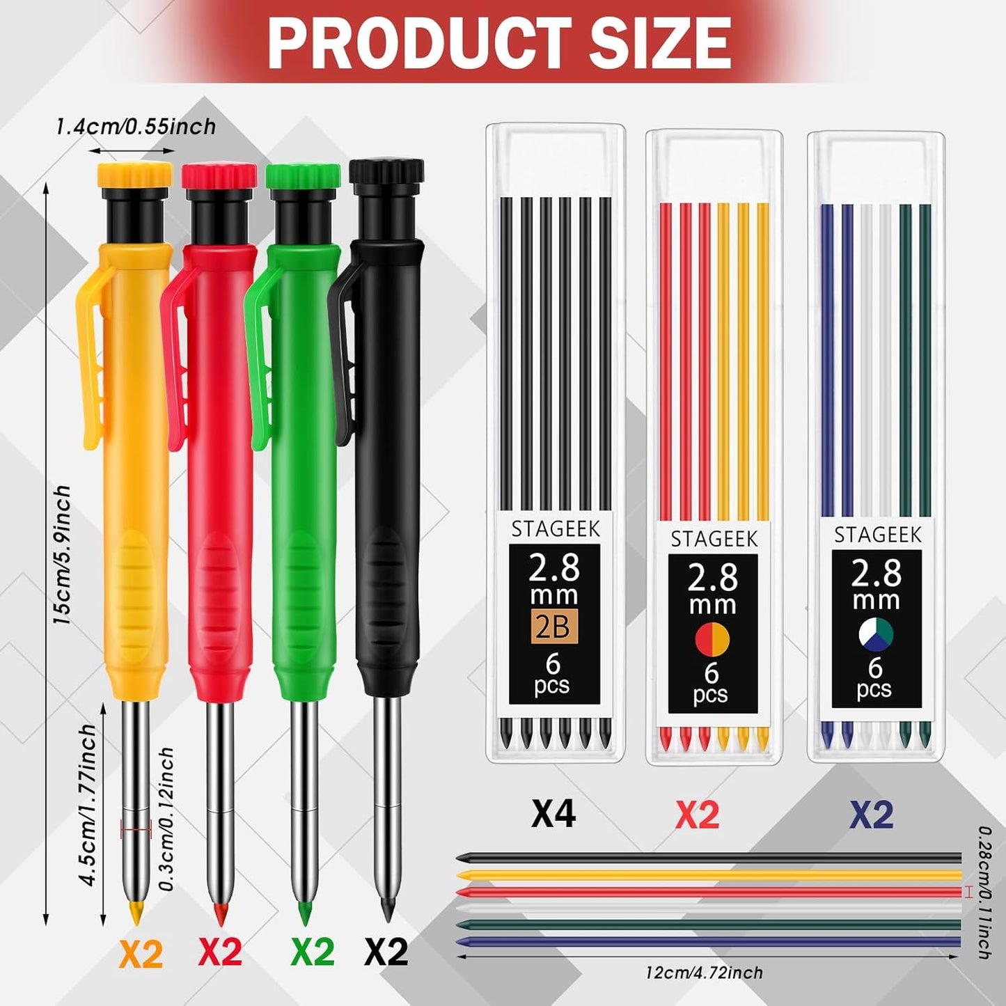 8 pack 2.8mm Mechanical Carpenter Pencils with 48 Refills, Construction Pencils with Built-in Sharpener, Long Nib Deep Hole Marker, Heavy Duty Woodworking Tools(Black+yellow+red+green)
