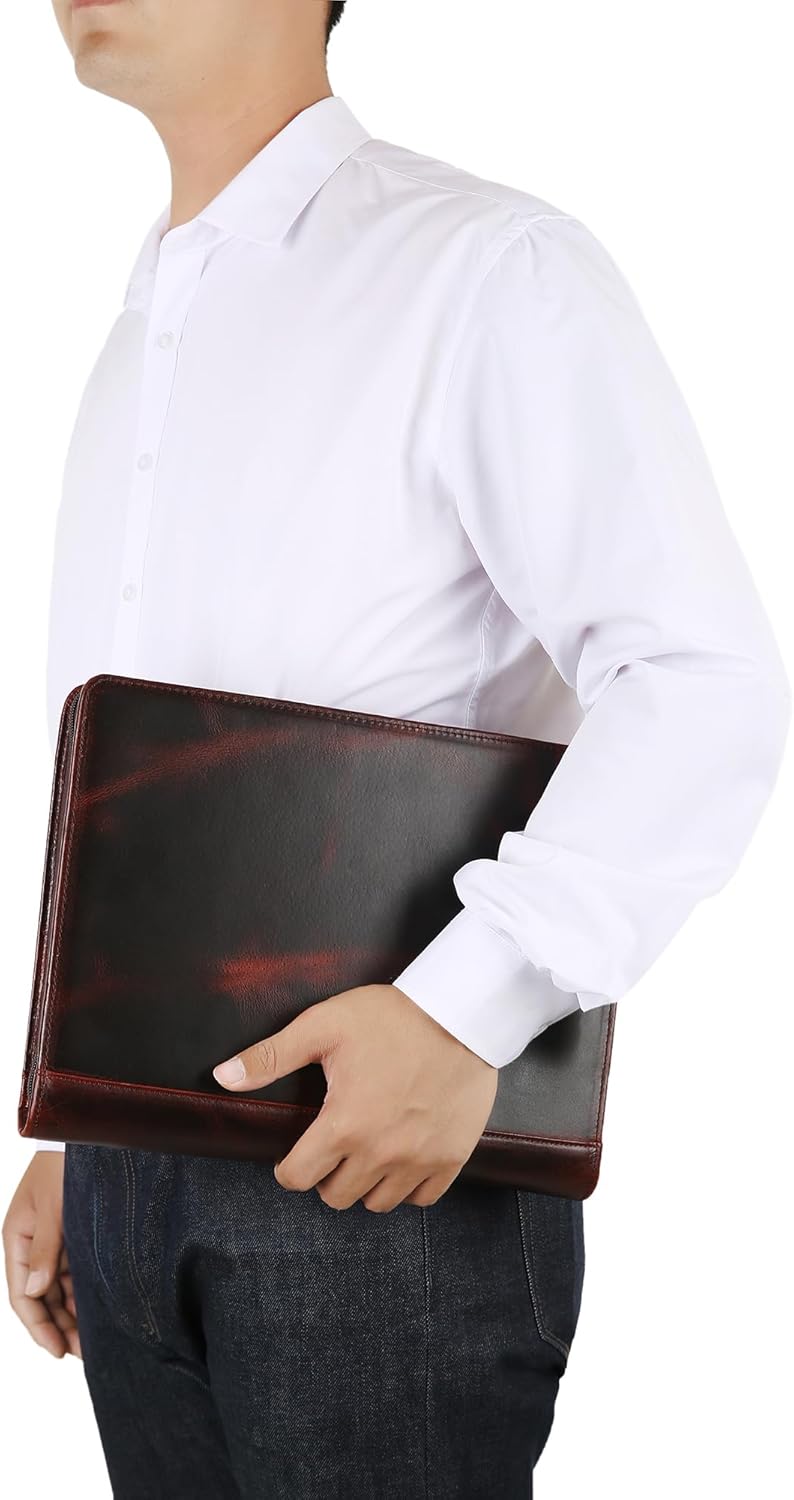 Handmade Genuine Leather Portfolio Organizer for IPad/Document, Business Padfolio with A4 Leather Notepad Holder, Leather Compact Folder Conference Portfolio for Men and Women, Red Brown