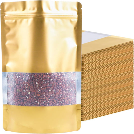 100 Pack Smell Proof Bags, Resealable Gold Mylar Bags with Matte Window, Foil Pouch Stand Up Sealable Bags for Packaging, 3.93 × 5.9 Inch