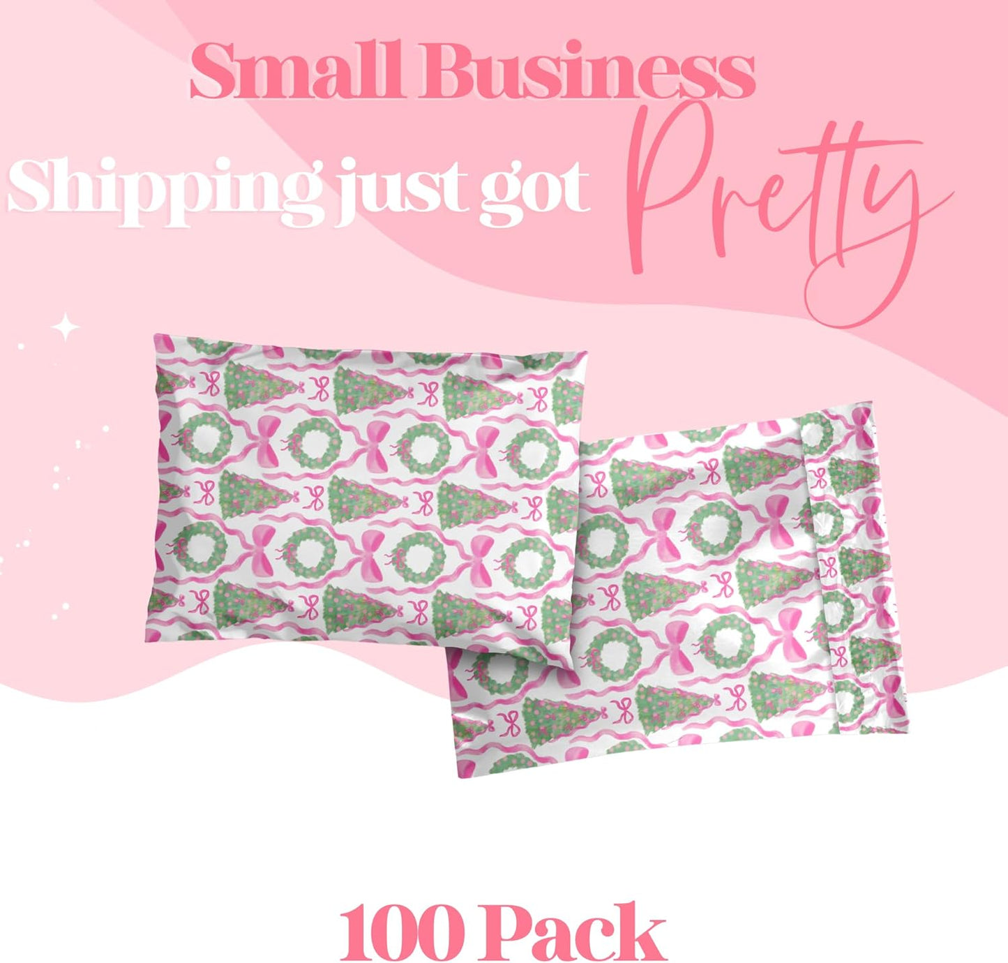 10x13 Designer Poly Mailer 100 Pack Heavy Duty Waterproof Self Seal Shipping Bags for Small Business Large Mailing Envelopes Bulk Tear Resistant Packaging Coquette Christmas Holiday Bows