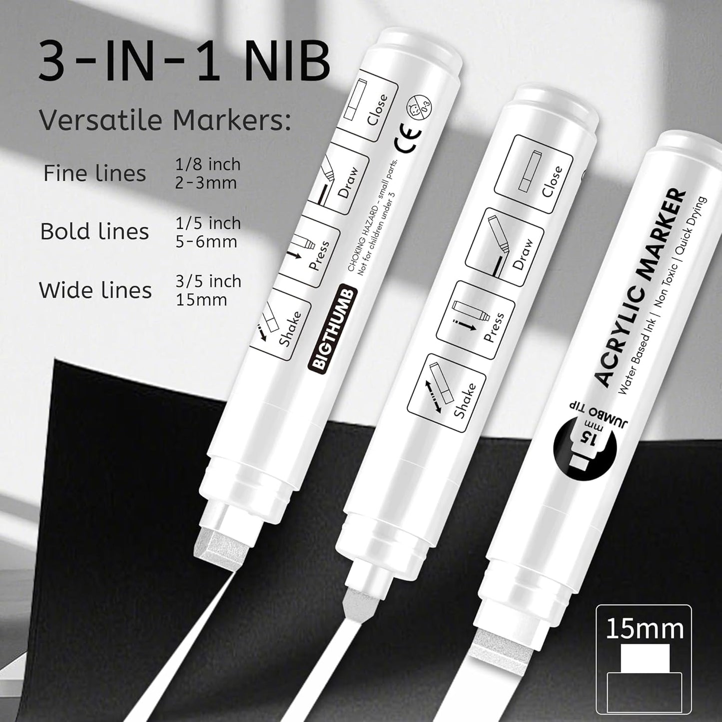 Jumbo Poster Markers Set: 12 Colors Large 15mm Wide Tip Permanent Ink Thick Acrylic Paint Pens for Rock Painting, Stone, Glass, Wood, Ceramic, Metal, Plastic, Fabric