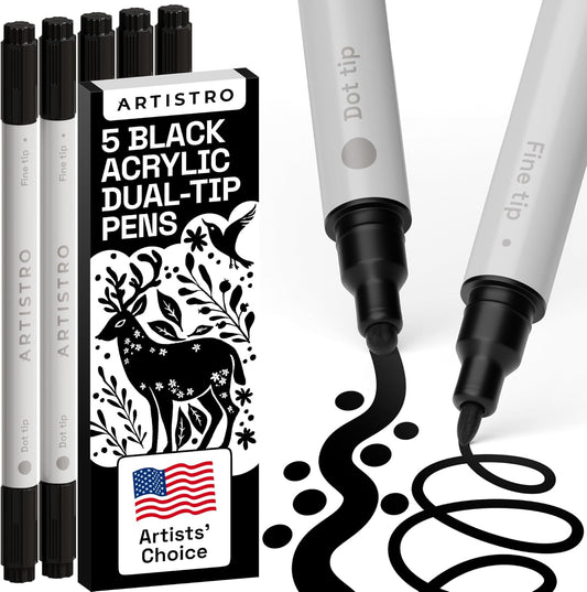 ARTISTRO 5 Black Dual-Tip Acrylic Paint Pens for Rock, Ceramic, Glass, Wood, Fabric - Black Markers for Acrylic Painting, 5mm Dot + 1mm Fine Tips