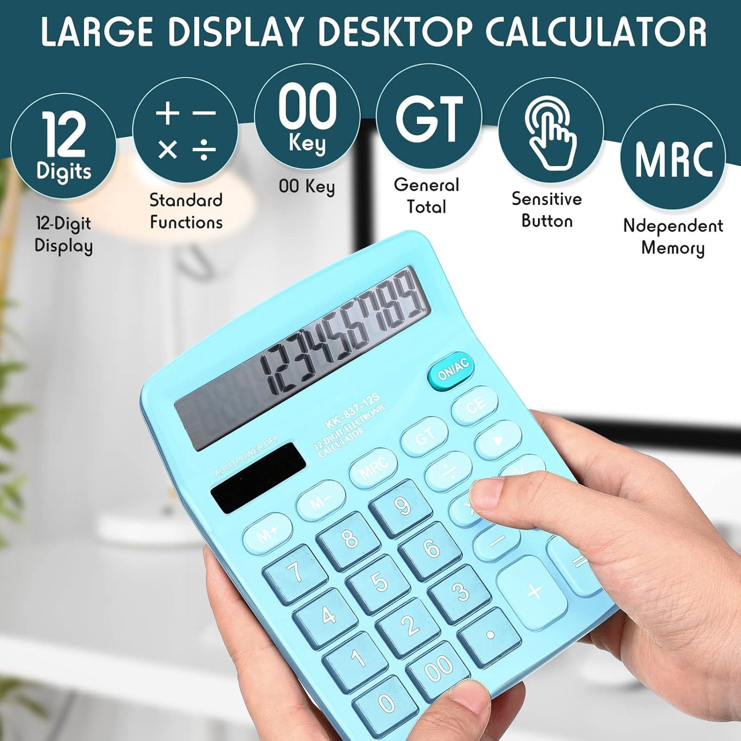 Konohan 8 Pieces 12-Digit Calculator, Solar Basic Desktop Calculator Large Display Electronic Dual Power Handheld for Home Office School(Blue)