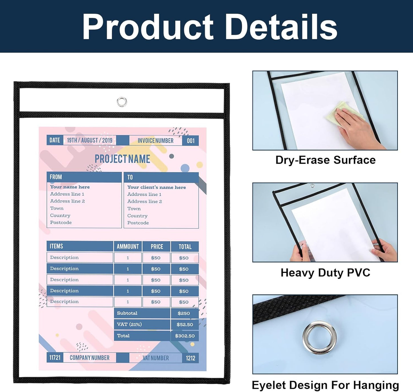 10 Pack Black & Clear Job Ticket Holders 13.7x10.1 Inch – Heavy Duty PVC Plastic Sleeves for Work Orders, Shop Tickets & Home Use – Dry Erase, Waterproof and Reusable Document Protectors