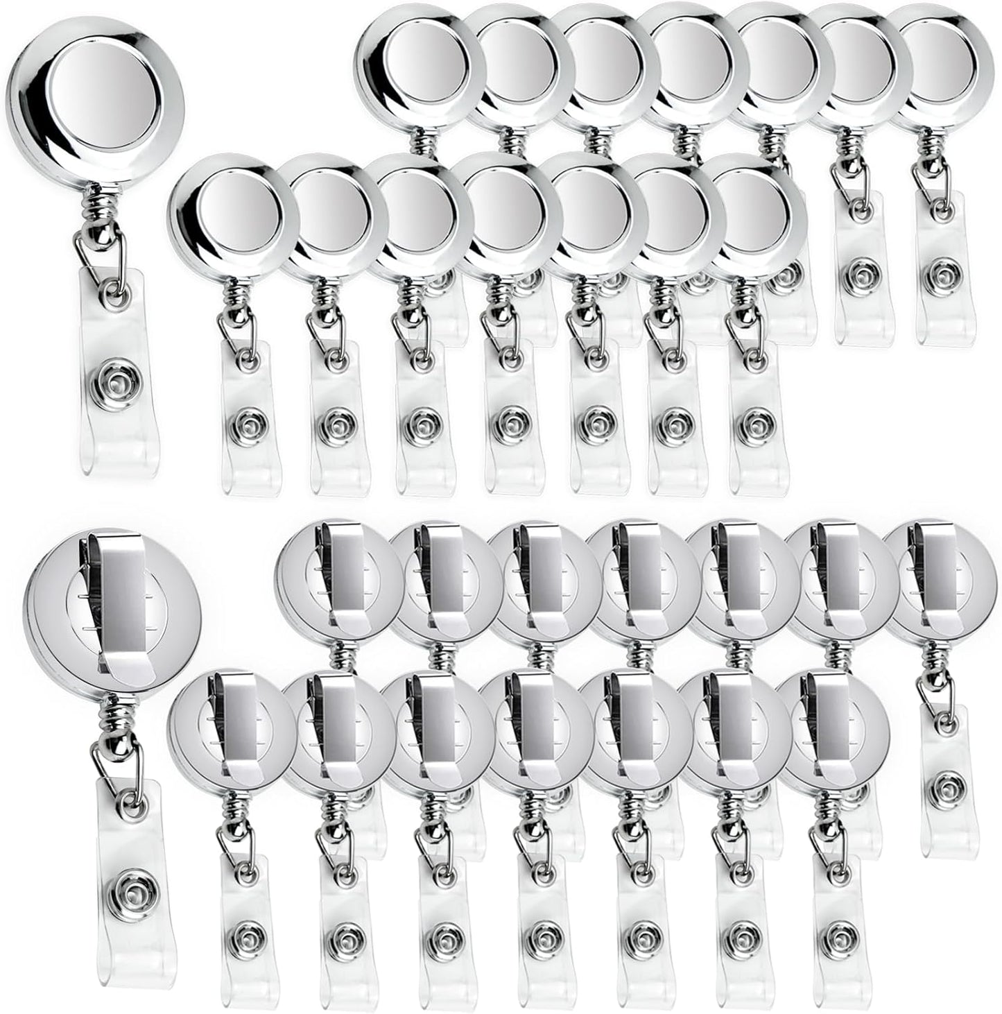 30 Pack Badge Holders, Silver Retractable Badge Reels, Durable Metal Spring Clip (Silver) - 24 Inch Retractable Cord Lanyard