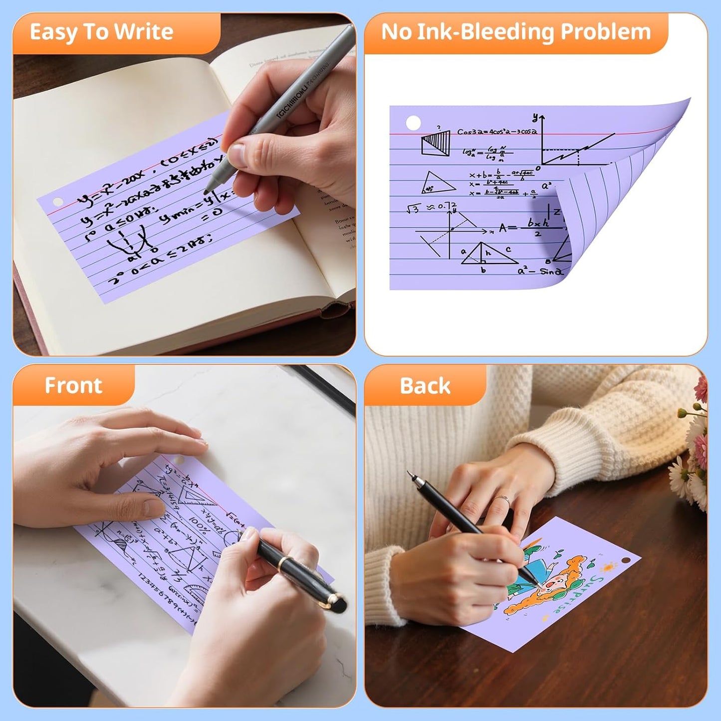 Index Cards 3x5 Inches, 300 PCS, Purple Flash Cards With Ring, Punched Lined Study Card Ruled Flashcards Notecards, Ruled Front And Blank Back, Note Card for School, College And Home