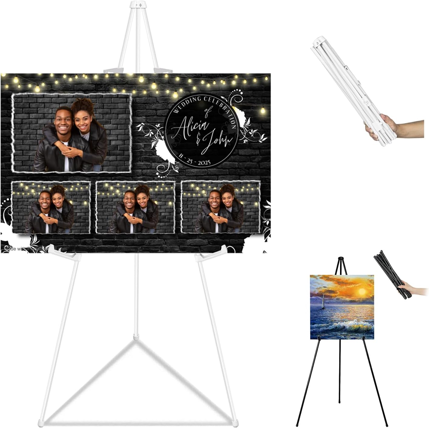 Basic White Easel for Wedding Signs,Adjustable Height Floor Easel Stand for Display Posters Tripod Base,Hold Lightweight Arts Indoor use,Supports 4lbs,1Pack