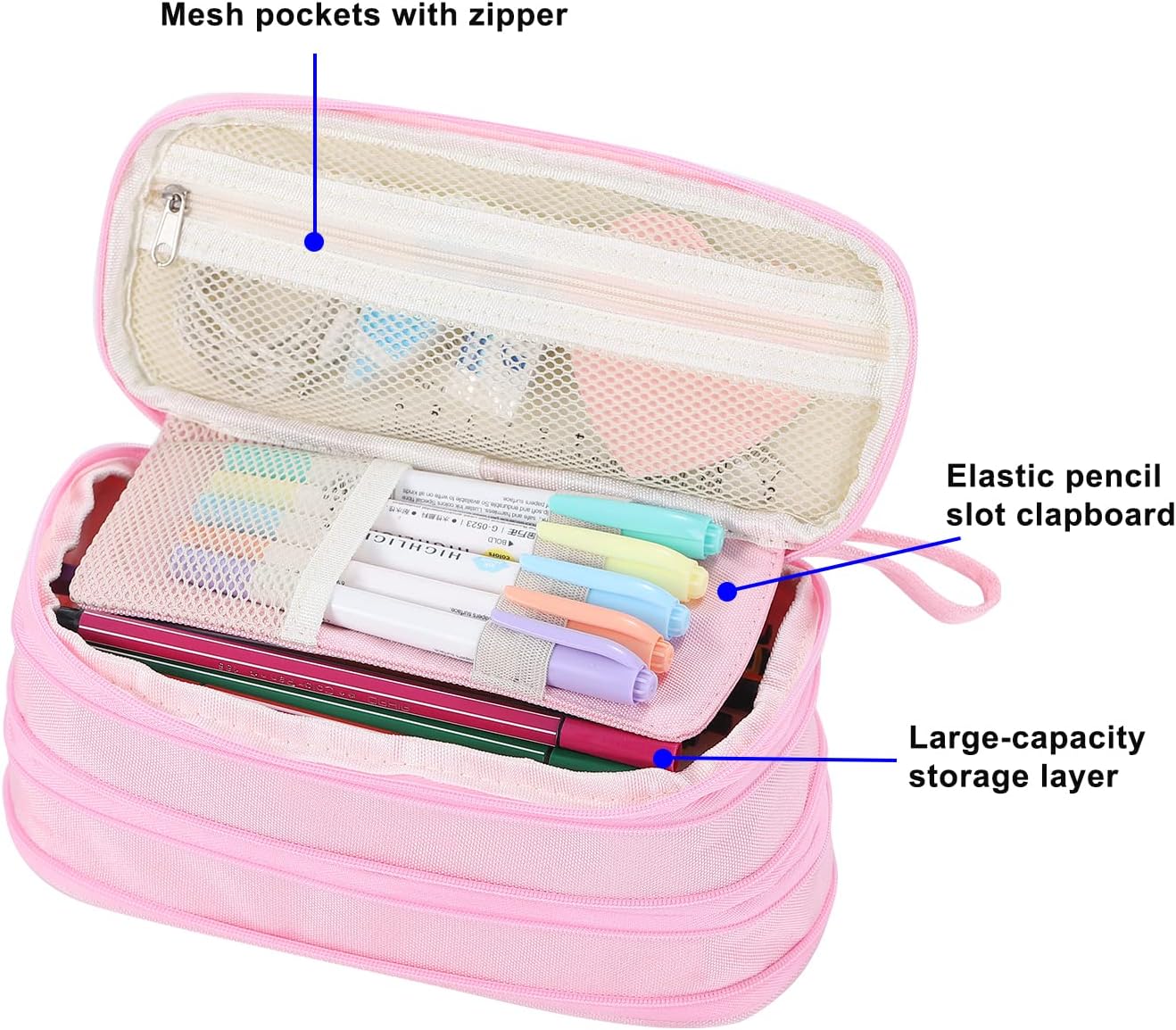 Big Pencil Case Zipper Pencil Pouch Organizer Large Capacity Pen Bag with Handle Portable for Girls Kids Adults Gift Pen Case for School Home Office Light-pink