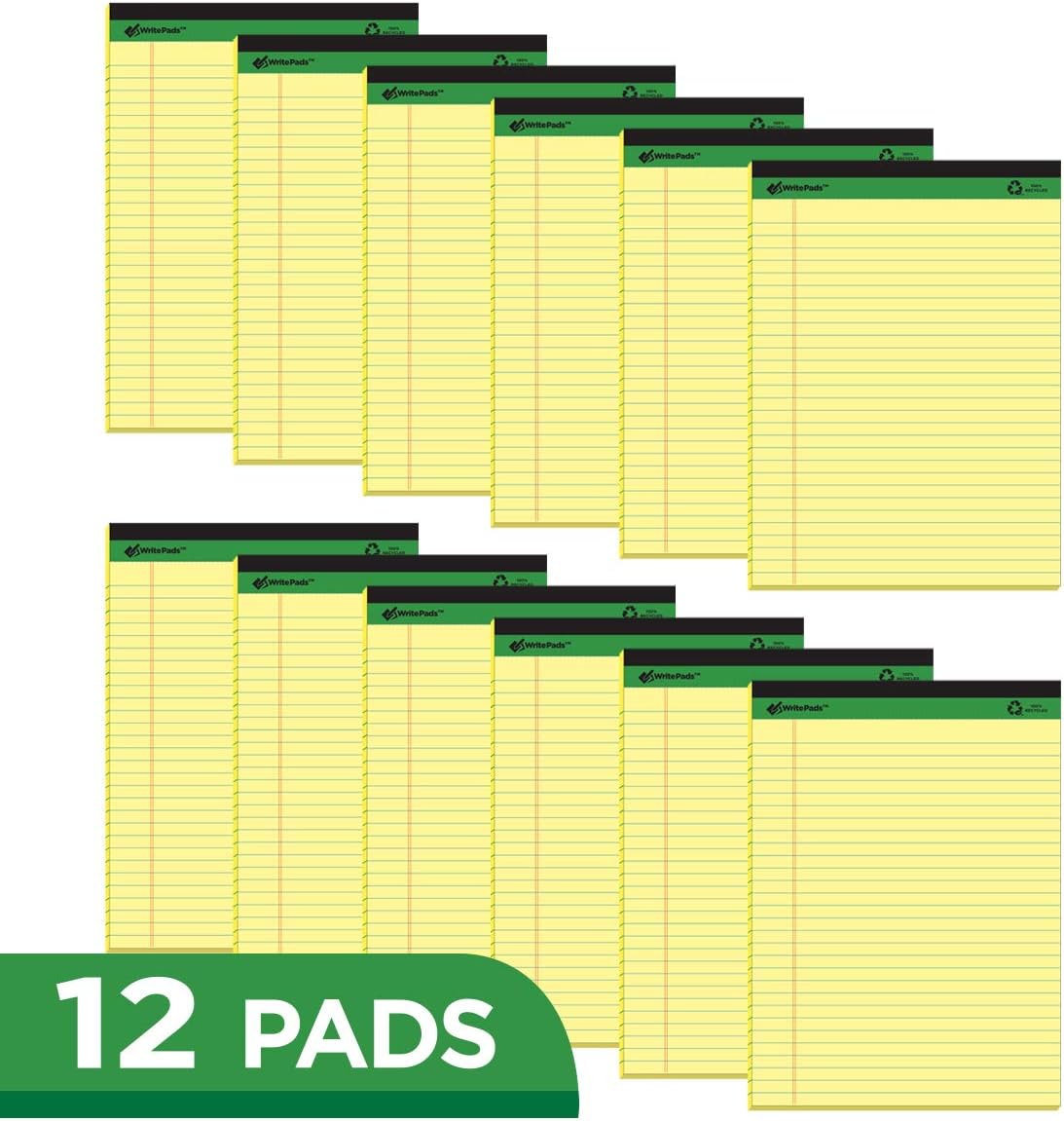 KAISA Yellow Legal Pads Writing Pads Recycled Paper, 8.5"x11.75" Wide Ruled Perforated 50 sheets Hard Back Notepads 8-1/2"x 11-3/4" Writing Tablet Canary For Office Supplies (Pack of 12pc) KSU-5668
