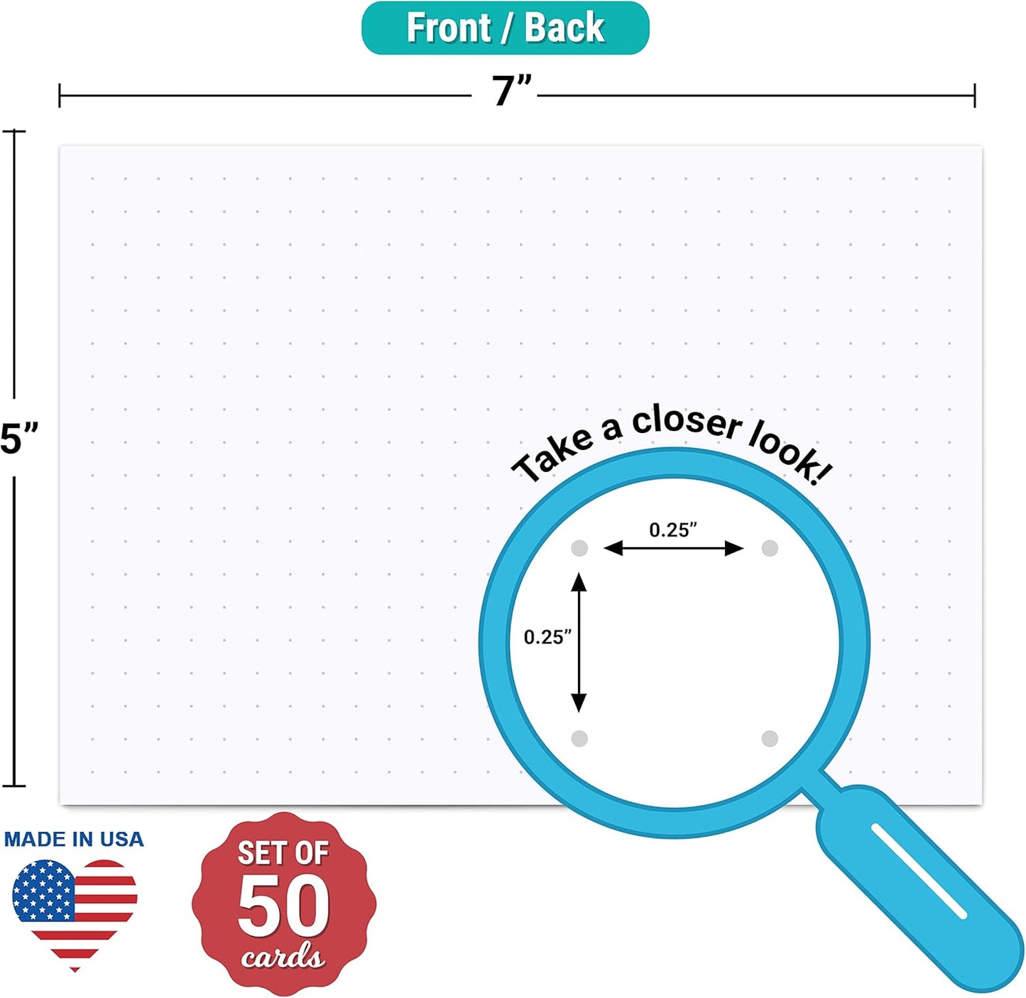 321Done Dot Grid Index Cards, Dot Pattern - Made in USA - Extra Large 5x7 (Set of 50) Dot Bullet 0.25" Double-Sided Planner Journal, Planning Graph Ruled Thick Heavy Duty Cardstock, 1/4 inch, White