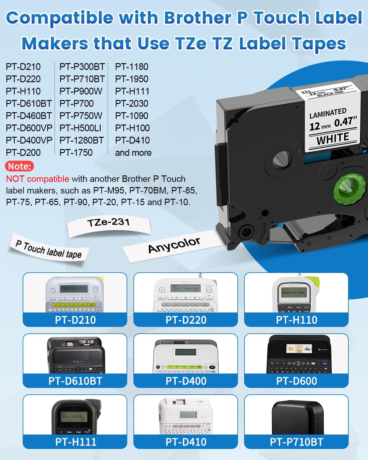4-Pack TZe TZ Tape 12mm 0.47 Laminated White TZe-231 Replace for Brother P Touch Label Tape TZe231 for Brother Label Maker Tape PT-D210 PT-D220 PT-H110 PT-D610BT PT-D600 PT-D410 PT-D400 PT-H111 PTD200