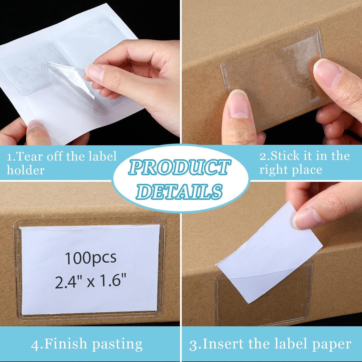 Jeyiour 100 Pcs Label Holders Adhesive Nameplate Pockets Storage Bin Labels Index Card Holder Shelf Plastic Peel Stick for Classroom Supermarket Bookshelf Library Student Box Drawer (2.4 x 1.6 Inch)