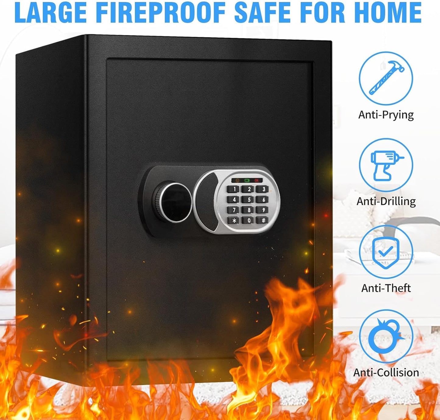4.2 Cuft Large Safe Box with Fireproof Waterproof Bag, Safes for Home Documents, Anti-Theft Safety Box With Digital Keypad, Smart Alert System, Spare Keys, Personal Safe for Cash Money