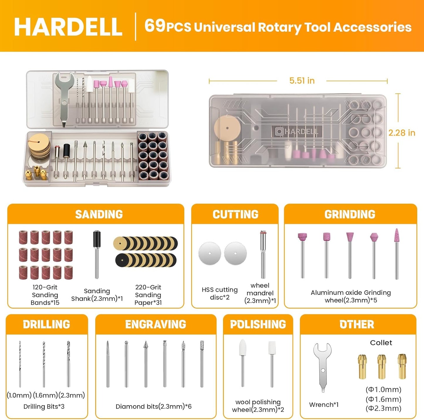 HARDELL 69 Pcs Rotary Tool Accessories Kit with 1.0/1.6/2.3mm Chucks for Small DIY Projects, Resin Cutting, Sanding, Grinding, Engraving, Polishing, Drilling