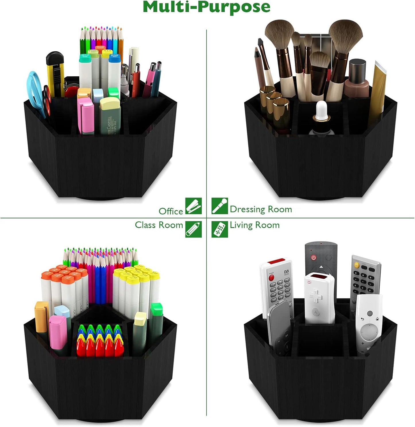 Art Caddy Organizer for Kids, Bamboo Pencil Organizer with 7 Large Compartment, Pen Storage Organizer, Marker Holder, Desk Caddy holds 325+ pencils, Education Supplies & Craft Supplies, Black