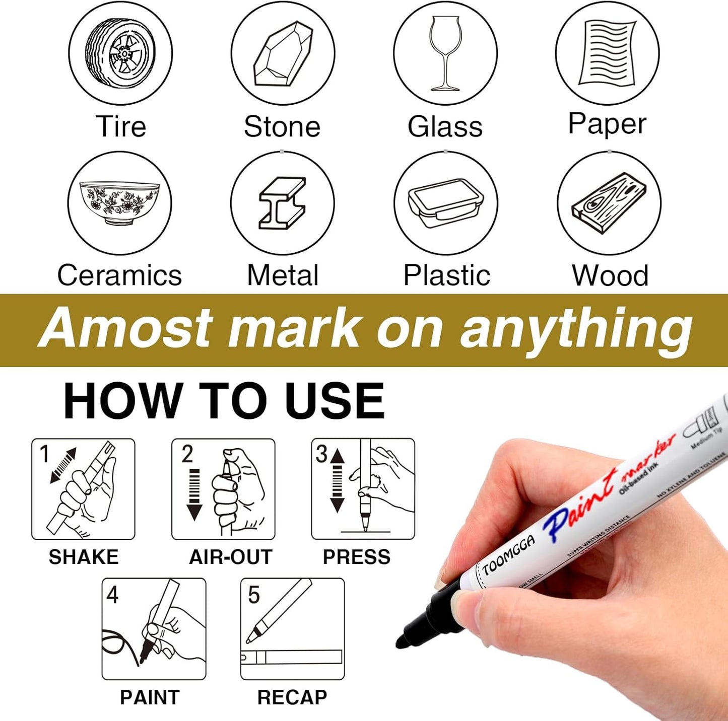 Black Paint Pens Permanent Paint Markers - 12 Pack Oil Based Marking Pens, Medium Point, Quick Drying and Waterproof for Rock Painting Car Tyre Metal, Plastic, Canvas, Wood