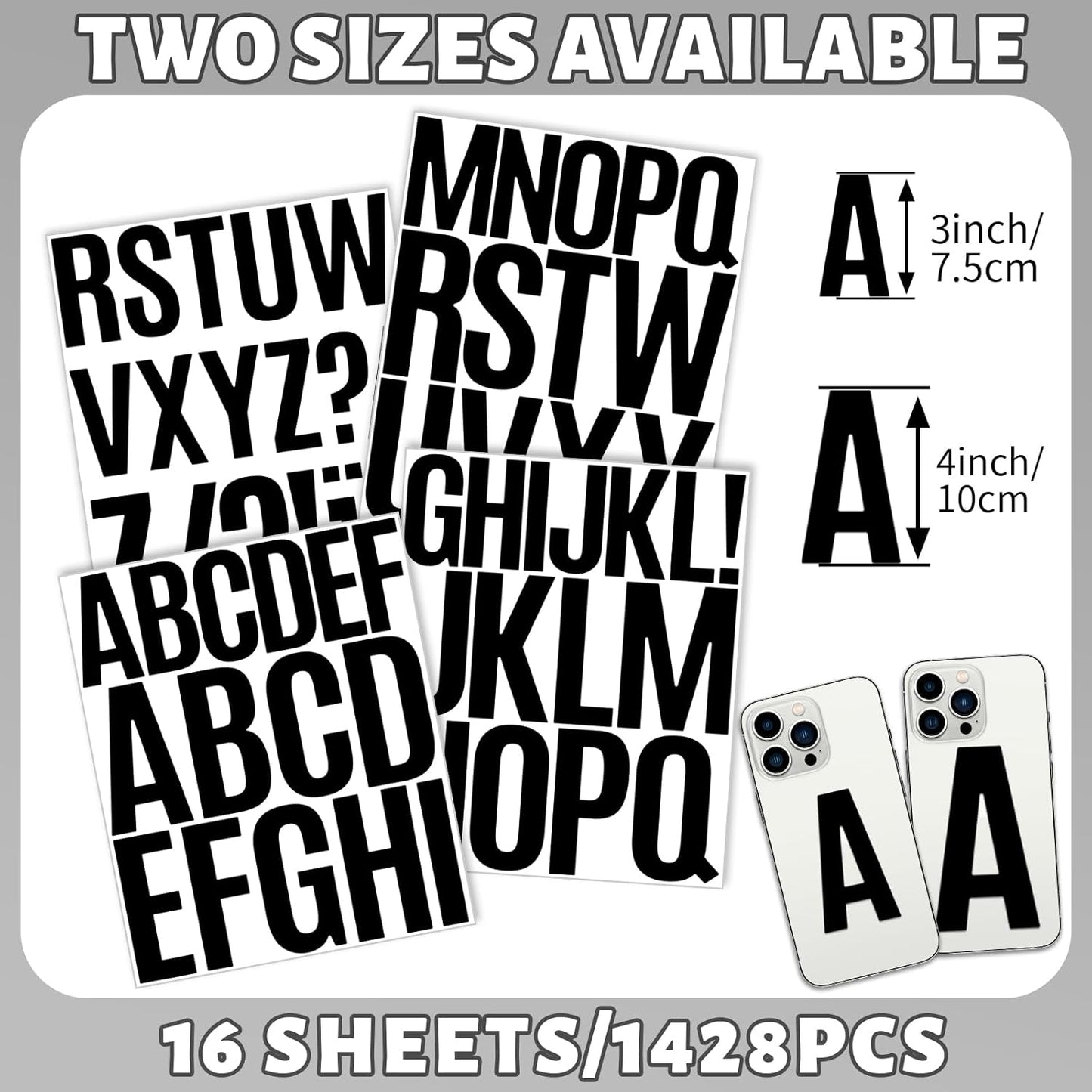 16 Sheets Black Letter Stickers Large 3+4 Inch, Big Vinyl Alphabet Letter Stickers Waterproof, Black Capital ABC Decals Labels for Mailbox Poster Bulletin Board Signs Classroom Office DIY Crafts Art