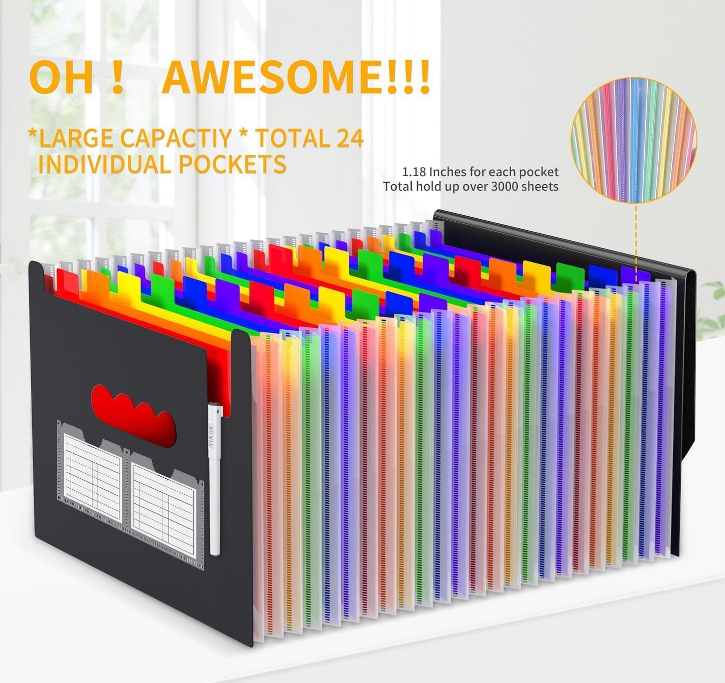 Accordion File Organizer Expanding File Folders,25 Pockets Document Organizer,Plastic Accordian File Folder,Expandable Bill Paper Documents Receipt Filing Box,A4 / Letter Size,2 Colored Tabs