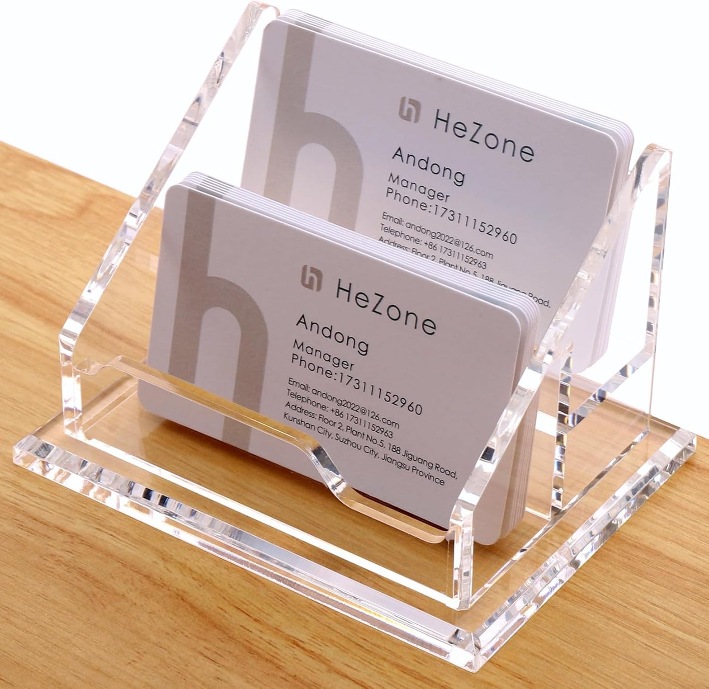 Acrylic Business Card Holder For Desk Clear Business Card Display Stand 2 Tier 2 Slots Business Cards Holders for Men And Woman, Organize 100 Cards-1 Pack (2 Solt-H)