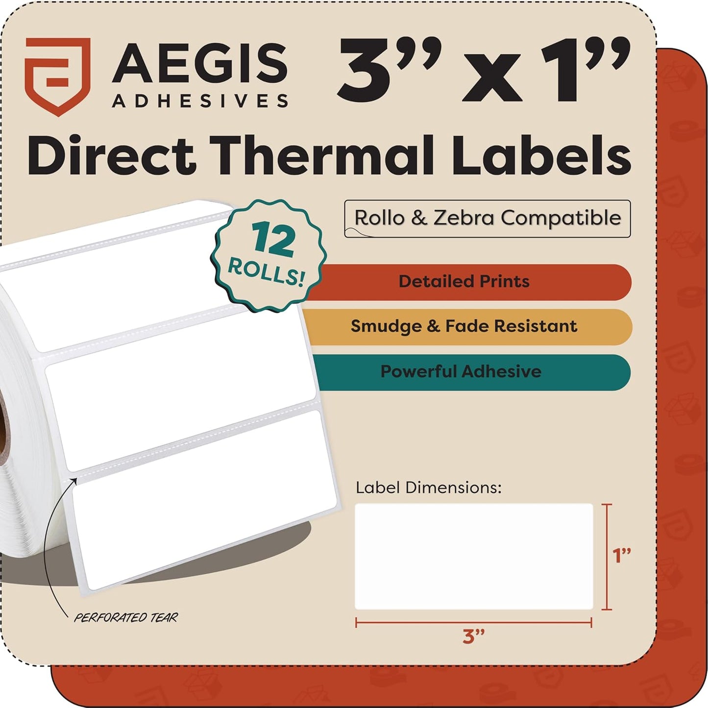 Aegis Adhesives - 3” X 1” Direct Thermal Labels for Barcodes, Address, Perforated & Compatible with Rollo, Zebra, & Other Desktop Label Printers (12 Rolls, 1300/Roll)