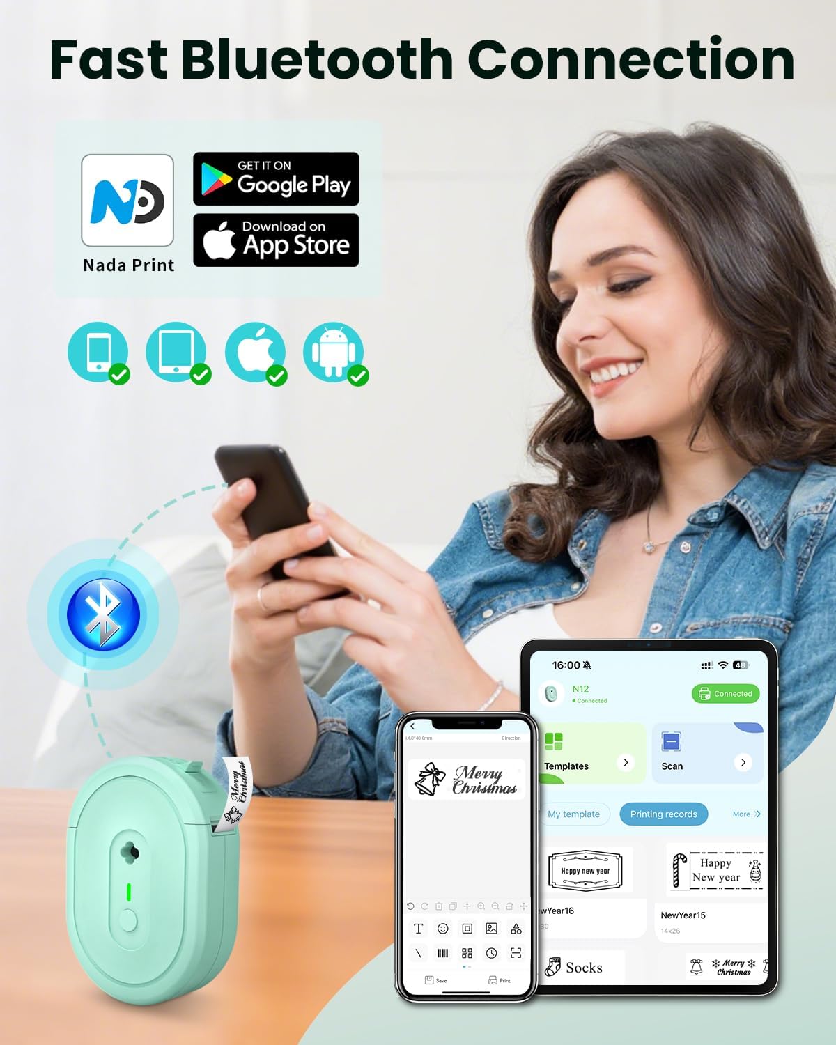 Label Maker Machine with Tape, Portable Bluetooth Label Makers, Inkless Mini Printer Impresora de Etiquetas Multiple Templates for Home School Office Kitchen, Green