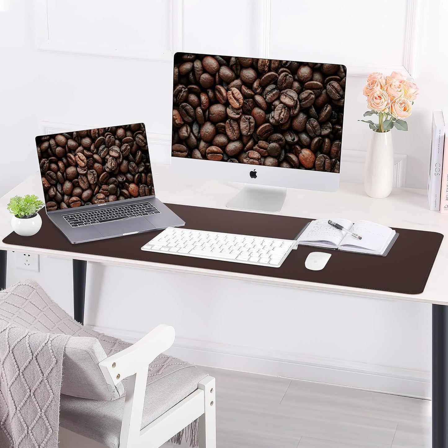AFIING Leather Desk pad Protector, Large Non-Slip Office Desk Mat with Natural Cork & PU Leather, Waterproof Writing Mouse Pad for Office and Home (55in*17in,Coffee)
