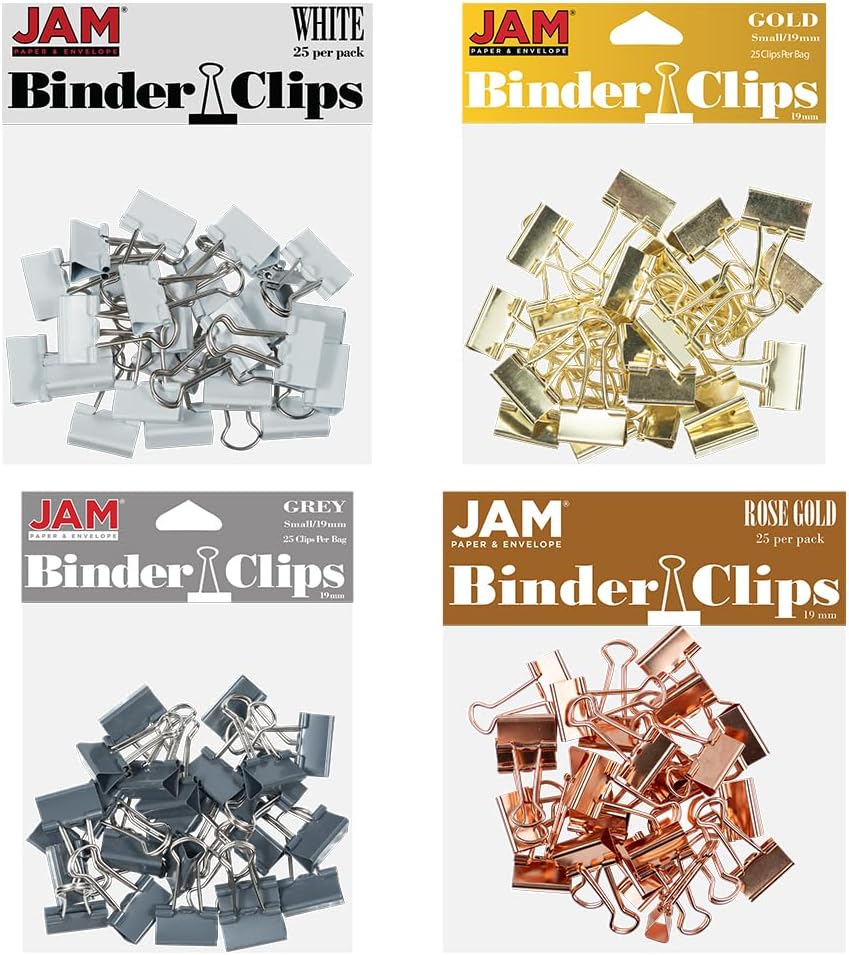 JAM PAPER Colorful Binder Clips Assortment - Small - 3/4 Inch (19 mm) - Assorted Business Colors - 100 Binderclips/Pack