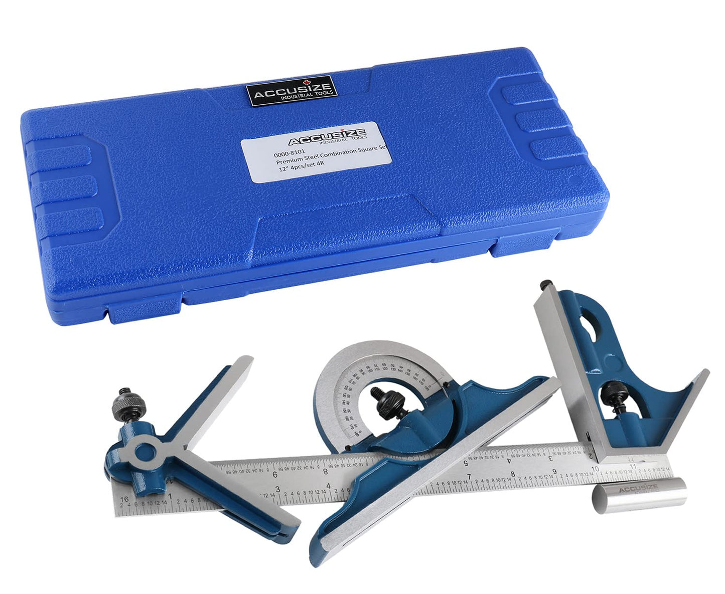 Accusize Industrial Tools 12'' 4 Combination Square Ruler Set Protractor Satin, 4-R Graduation, 0000-8101