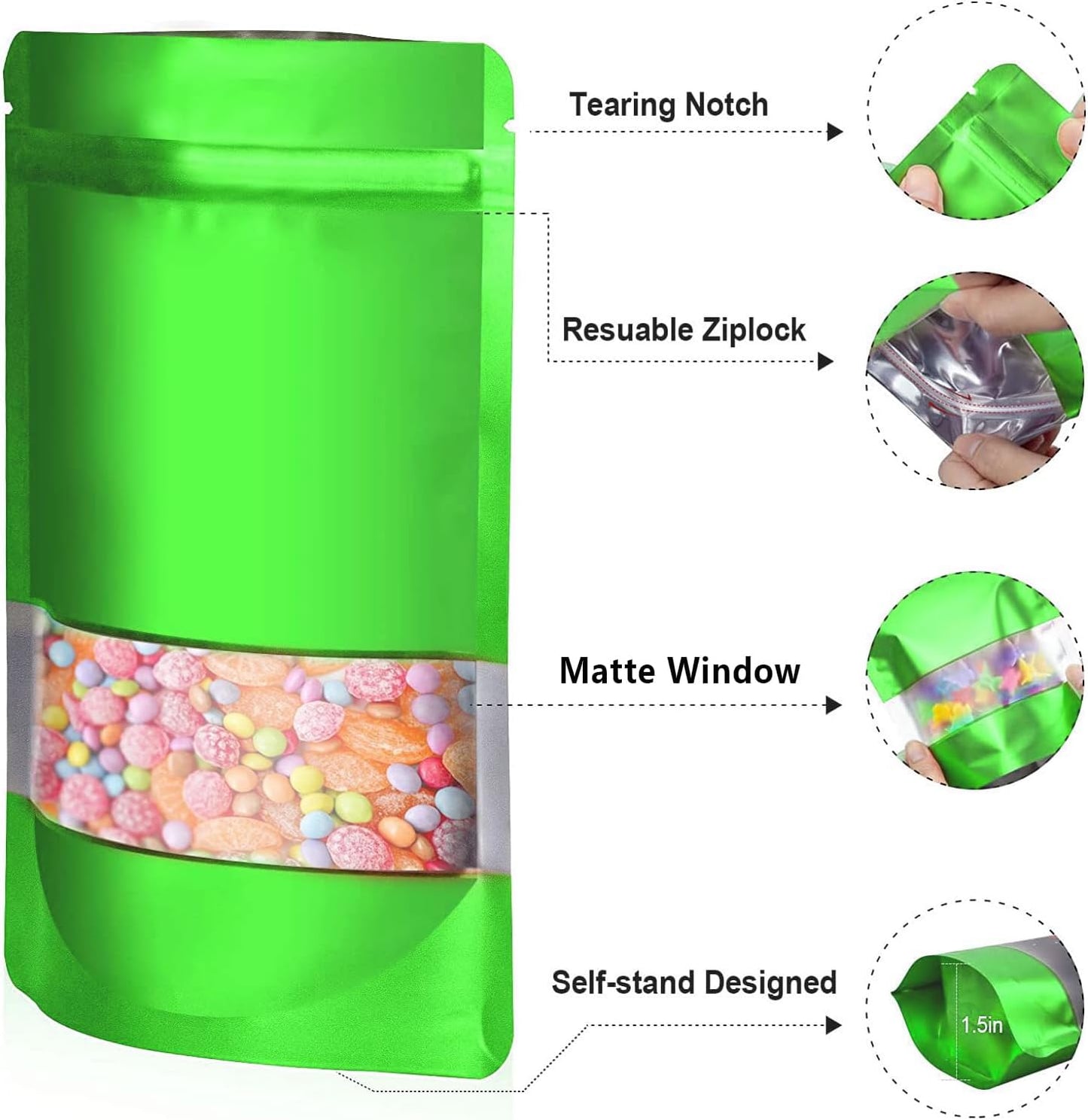 5.5"x7.8" 120pcs Mylar Bags for Food Storage,Smell Proof Bag with Matte Window Resealable Food Storage Bags for Small Business, Stand-up Foil Pouch Packaging Freeze Dried Candy Bag（Green）