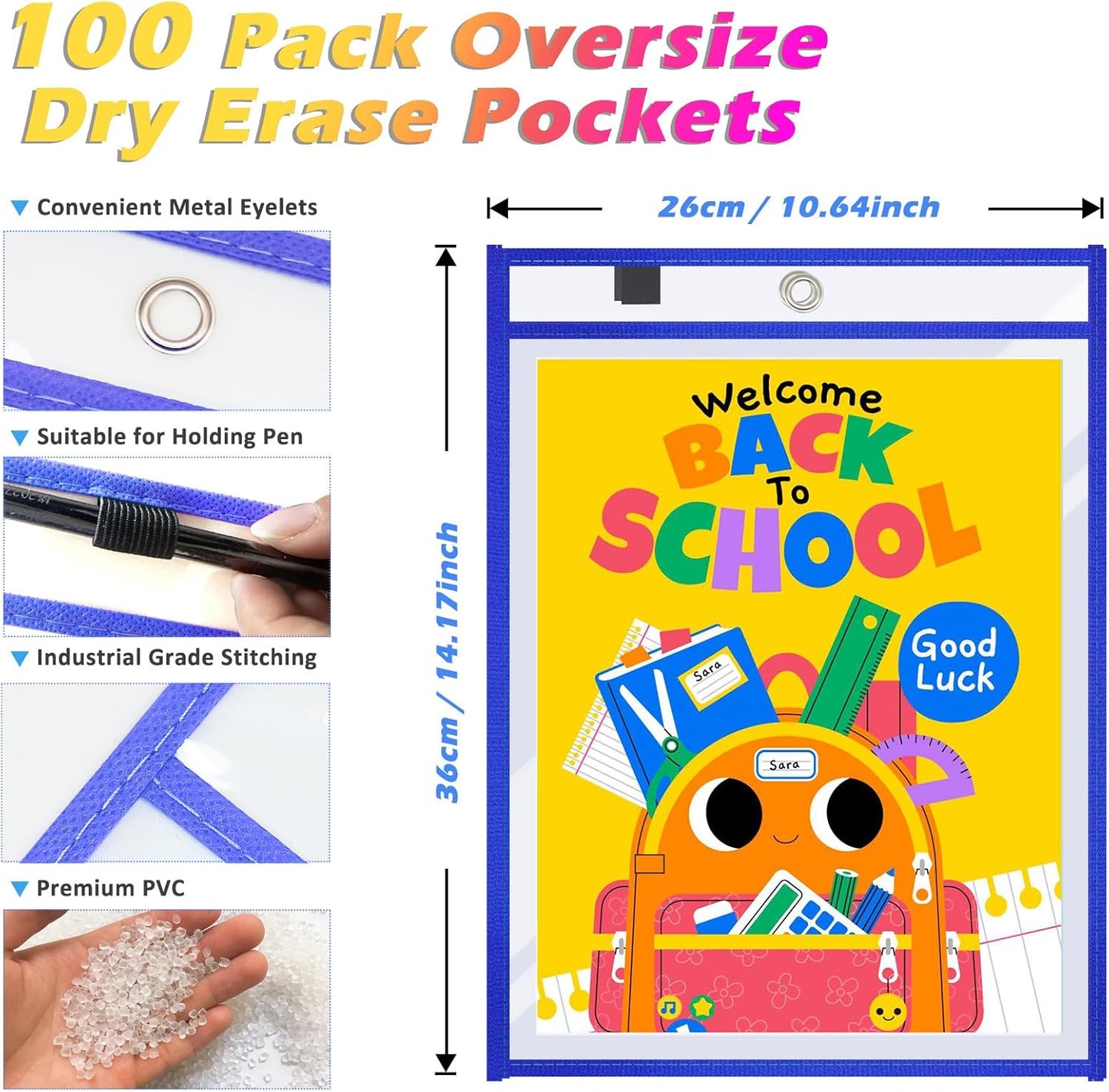 100 Packs Oversized Reusable Dry Erase Pocket Sleeves with 6 Rings, 20 Assorted Colors 10x14 Ticket Holders, Clear Plastic Sheet Protectors, Teacher School Classroom Supplies