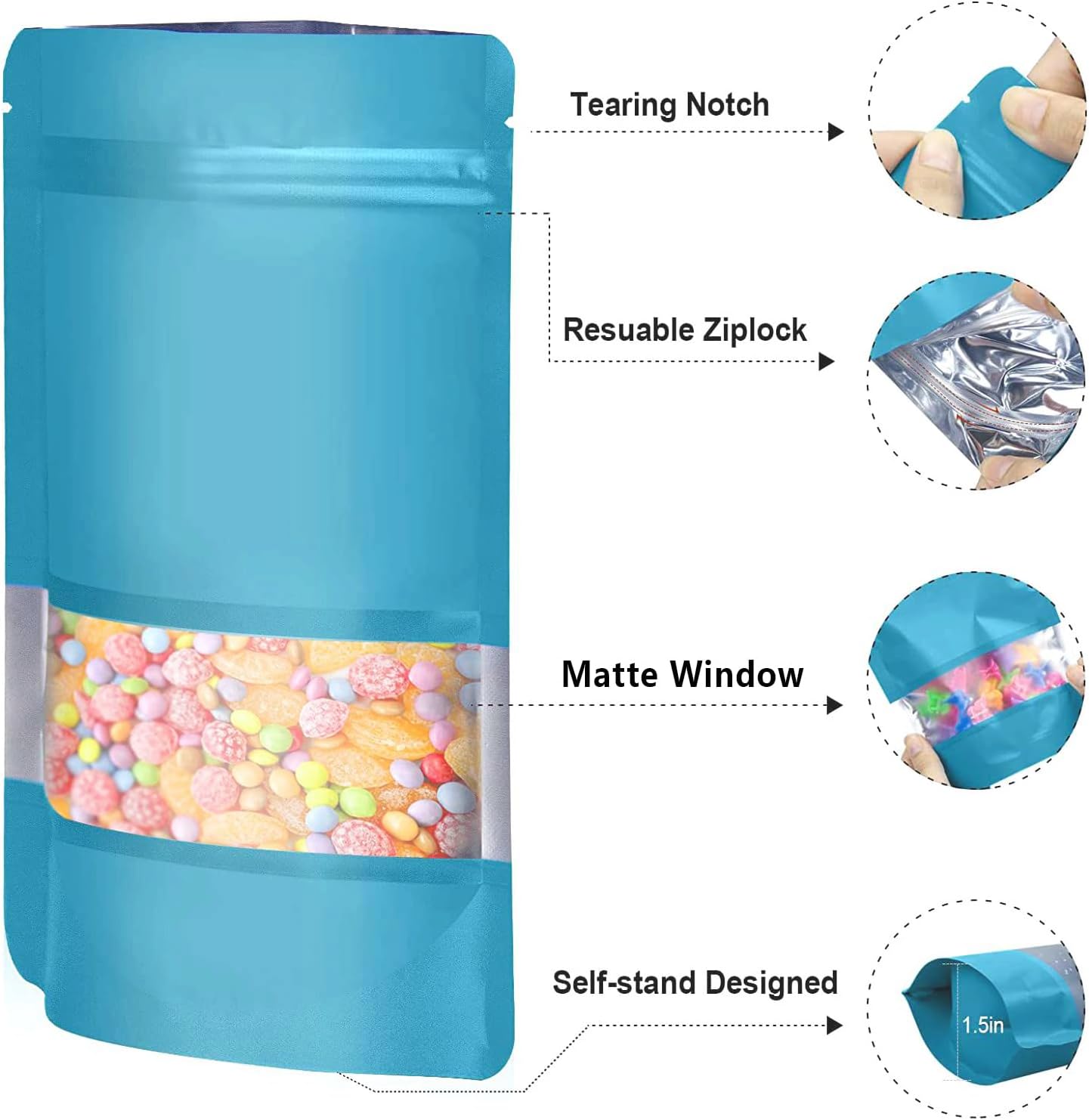 6.3"x9.5" 120pcs Mylar Bags for Food Storage,Smell Proof Bag with Matte Window Resealable Food Storage Bags for Small Business, Stand-up Foil Pouch Packaging Freeze Dried Candy Bag(Blue)