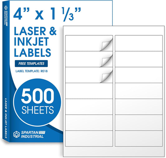 4" X 1 1/3" Matte White Printable Labels Compatible with Inkjet and Laser Printers - 500 Sheets, 7000 Total Paper Stickers for Addresses, Mailing, and Barcodes - Spartan Industrial