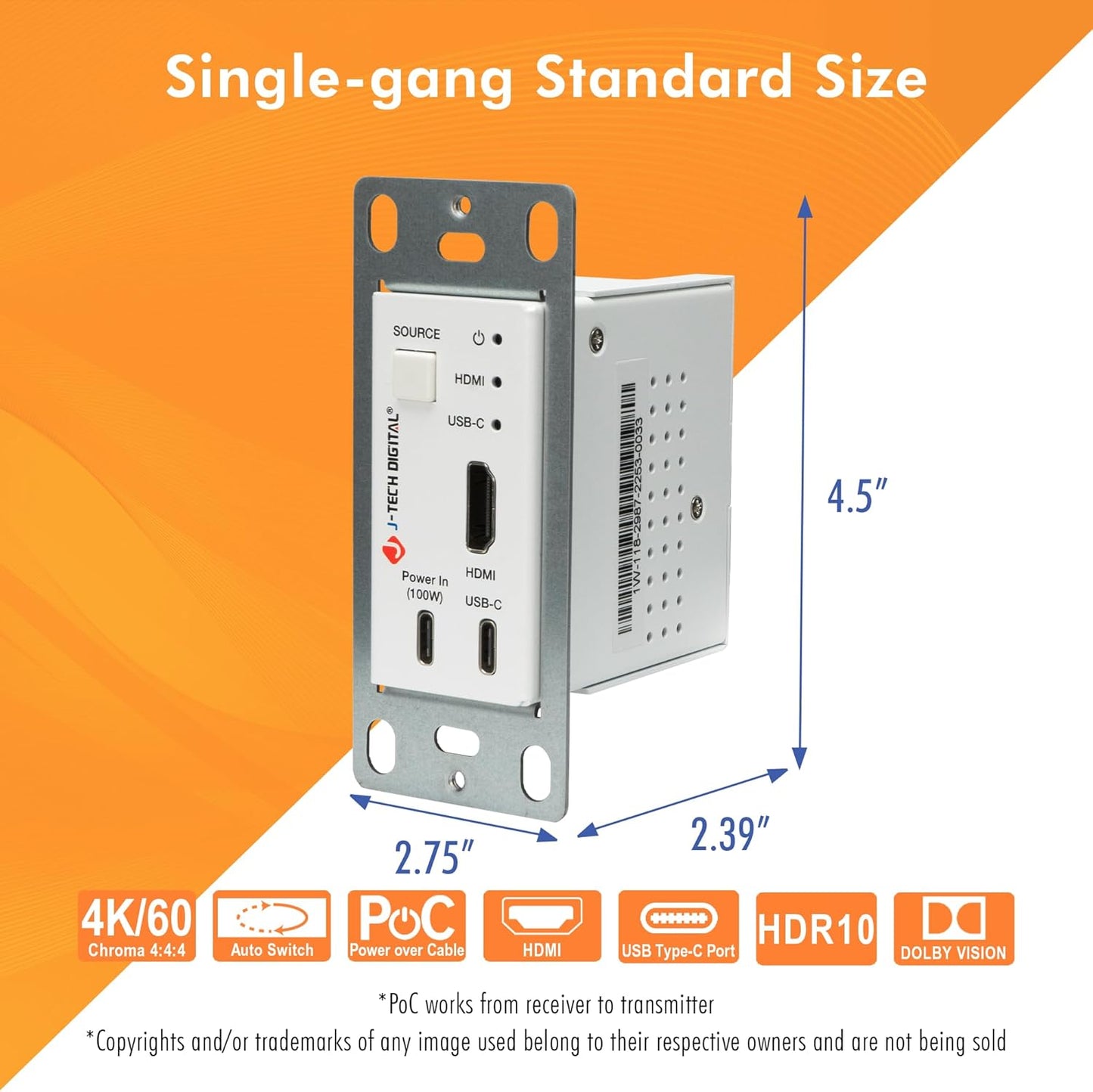 J-Tech Digital 4K HDMI & USB C Extender Over Single Cat5 5e 6 7 Cable, Up to 164ft Wall Plate Over Ethernet HDR Dolby Vision USB-C Charging Port, PoC, IR, Auto-Switch [JTECH-EXW30]