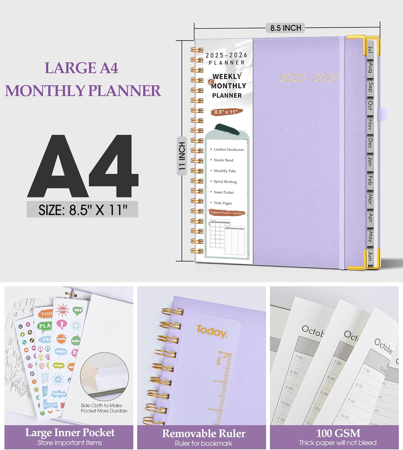 Academic Planner 2025-2026, Weekly and Monthly Calendar Planner from July 2025 - June 2026, 8.5" x 11" Hardcover Leather Hourly Appointment Book with Tabs, Spiral Daily Planners for College School Teacher Student, Purple