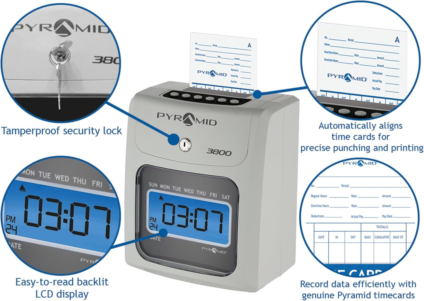 Pyramid Time Systems - Model 3800 Auto Totaling Time Clock, Electronic Time Punch Clock for Small Business, Bundle Includes: 50 Time Cards, 1 Ink Ribbon and 2 Security Keys - Ivory