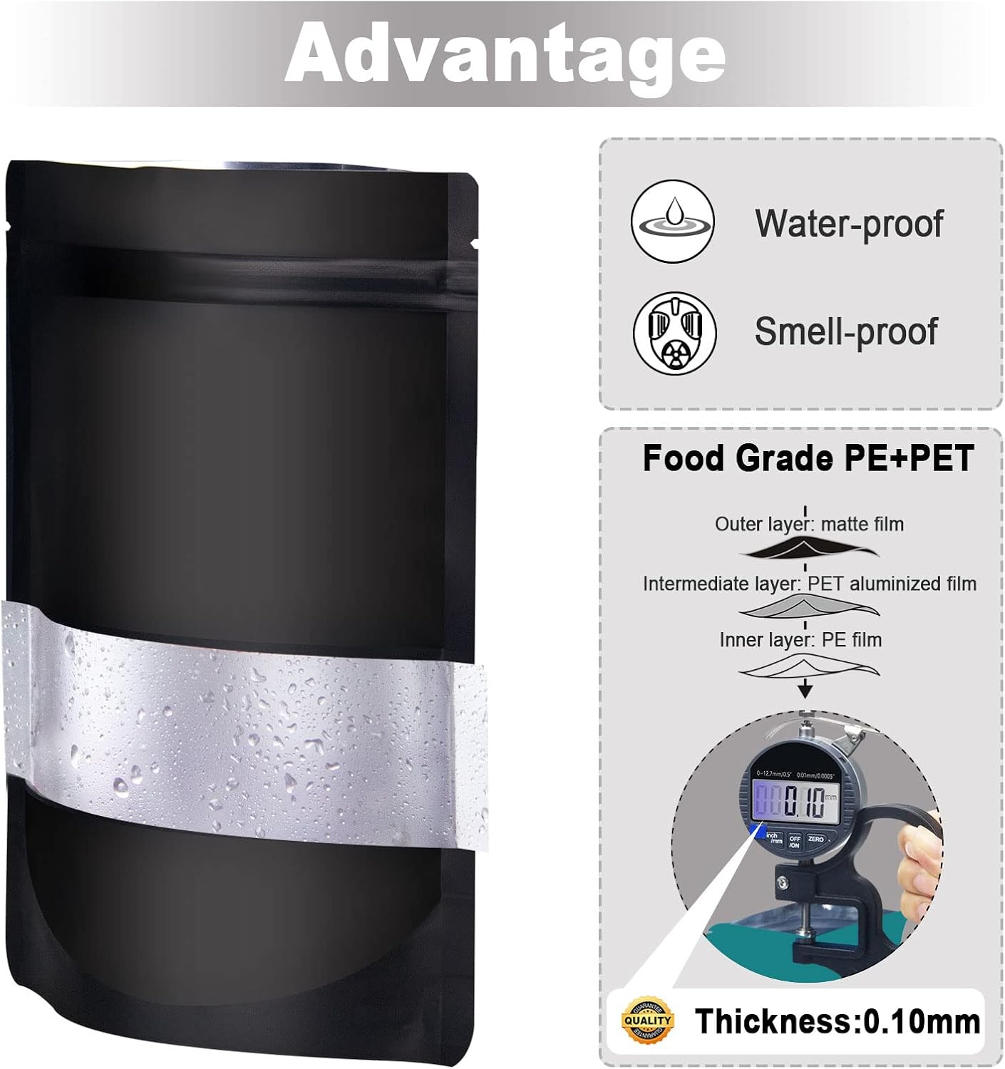 6.3"x9.5" 120pcs Mylar Bags for Food Storage,Smell Proof Bag with Matte Window Resealable Food Storage Bags for Small Business, Stand-up Foil Pouch Packaging Freeze Dried Candy Bag（Black）