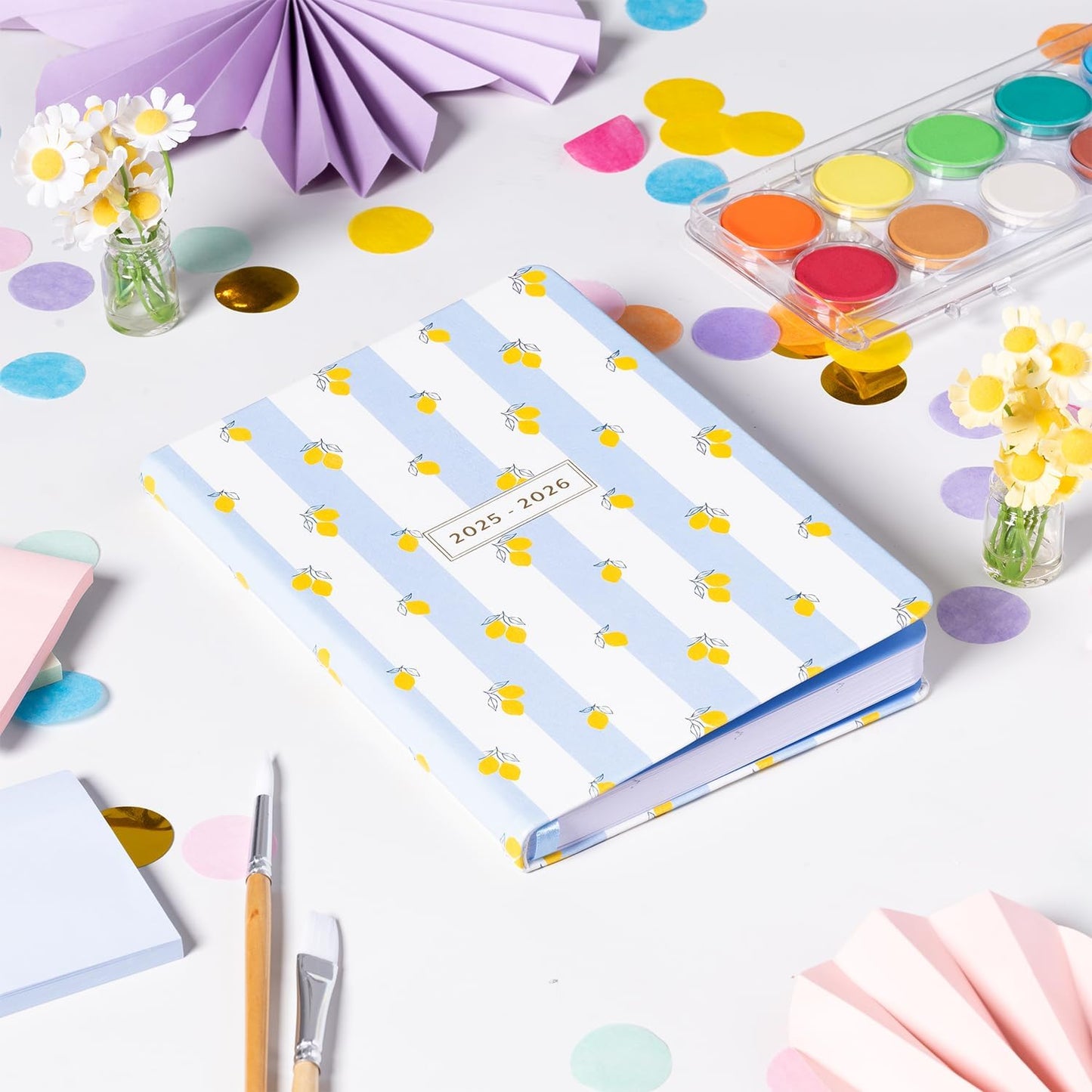 2025-2026 Eccolo 18 Month Bound Planner, Monthly & Weekly Pages (5.25 x 7.75" - July 2025 - Dec 2026 - Lemon Blue Stripes)