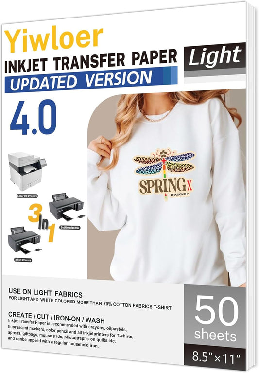 Iron on Heat Transfer Paper for T Shirts (8.5x11'', 50 Sheets) Iron-on Transfers Paper for Light Fabric Printable Heat Transfer Vinyl for Inkjet Printer (Light Fabric 50pcs, 50pcs)