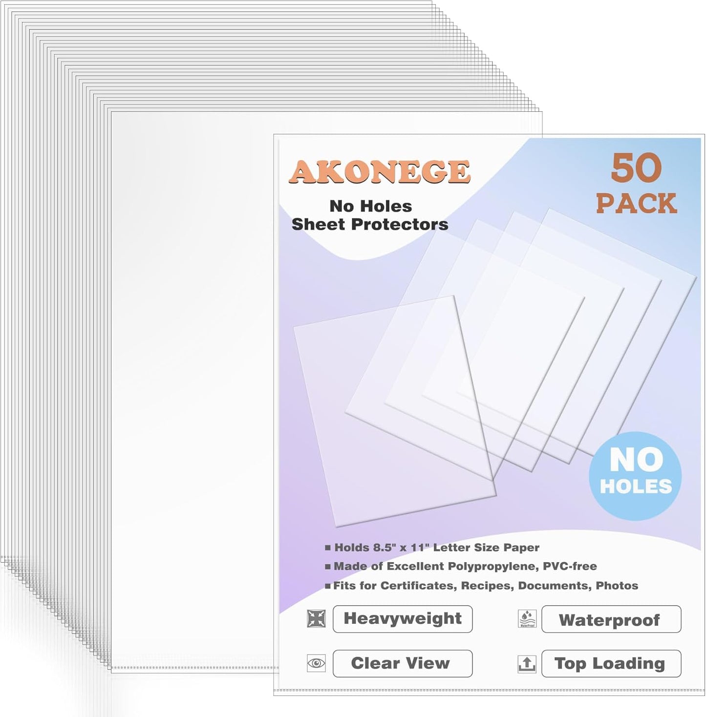 50 Pack No Holes Sheet Protectors 8.5 x 11 Inch Letter Size Page Protectors for Documents, Prints, Top Loading Heavyweight Clear View Plastic Sleeves for Papers, Artworks, Photos