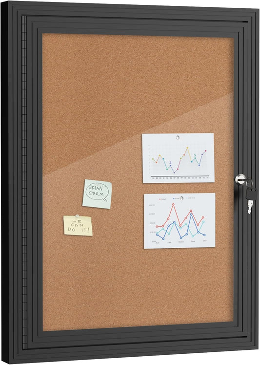 26"x20" Enclosed Bulletin Board, Outdoor Lockable Weather-Resistant Aluminum Cork Noticeboard for School & Office, Black Frame w/Cork