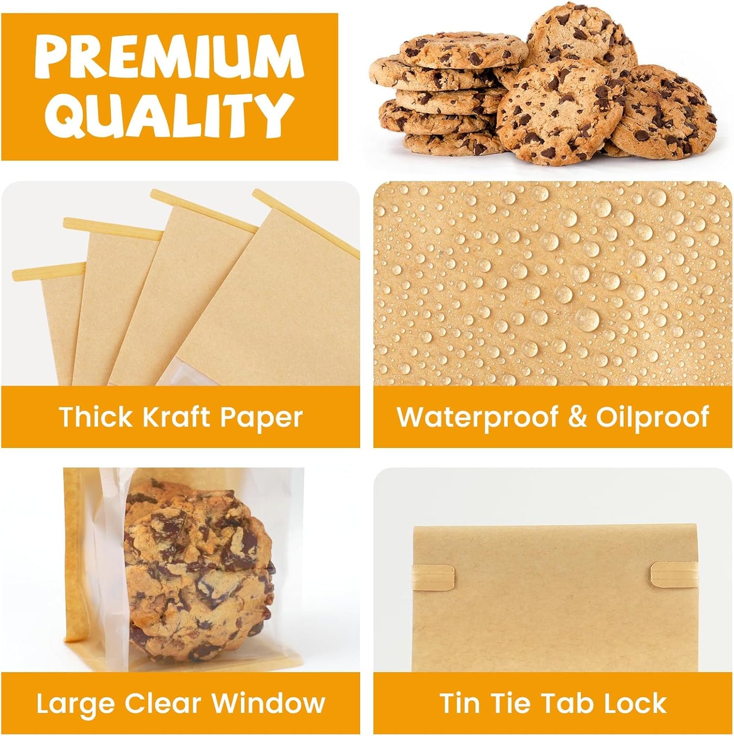 50 Pack Small Bakery Bags with Window, 3.9x3.1x8.2 Inches Tin Tie Tab Lock Cookie Packaging Bag Resealable Paper Treat Bags for Homemade Granola, Popcorn, Candies, Goodies