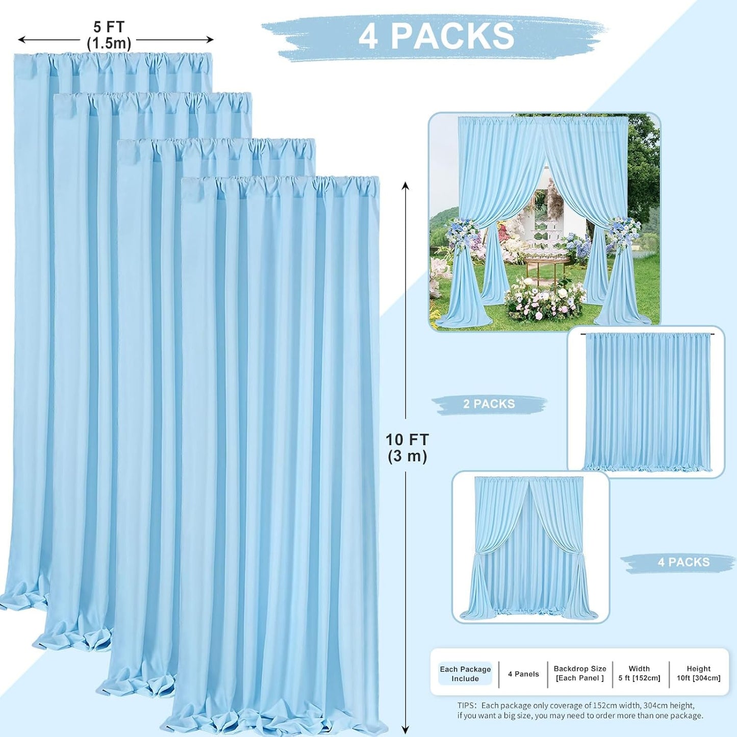 Baby Blue Backdrop Curtains: 4 Panels 5ft x 10ft Polyester Photography Backdrop Drapes - Baby Shower Birthday Party Background
