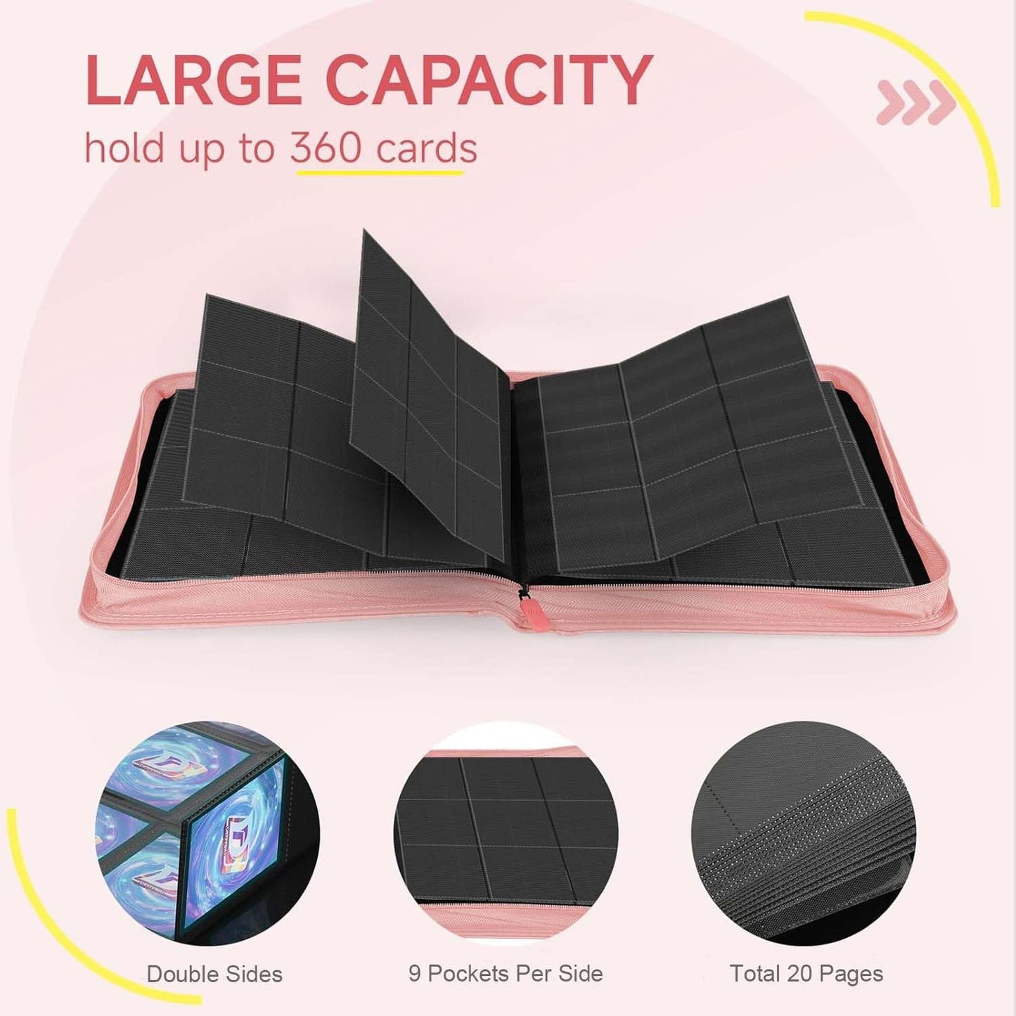 9 Pocket Card Binder,360 Pockets Trading Card Binder,Double Sided Pocket Collection Binder,Card Folder for MTG,TCG,Game Cards,Sport Cards,Pink