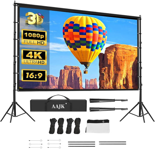 AAJK 150in Projector Screen with Stand,Portable 16:9 4K HD Indoor Outdoor Projection Screen with Wrinkle-Free Design, Ideal for Home Theater and Backyard Cinema – Includes Carry Bag