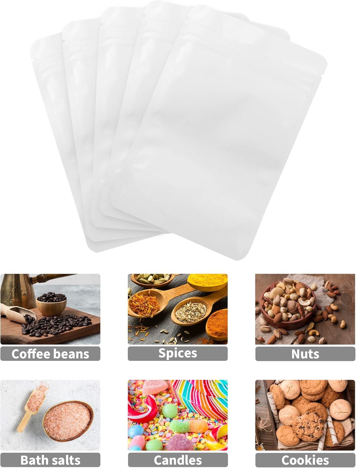 100 Pack Resealable Stand Up Bags,7.1" x 10.2" Smell Proof Pouch Sealable Foil Pouch Bags for Packaging (White)