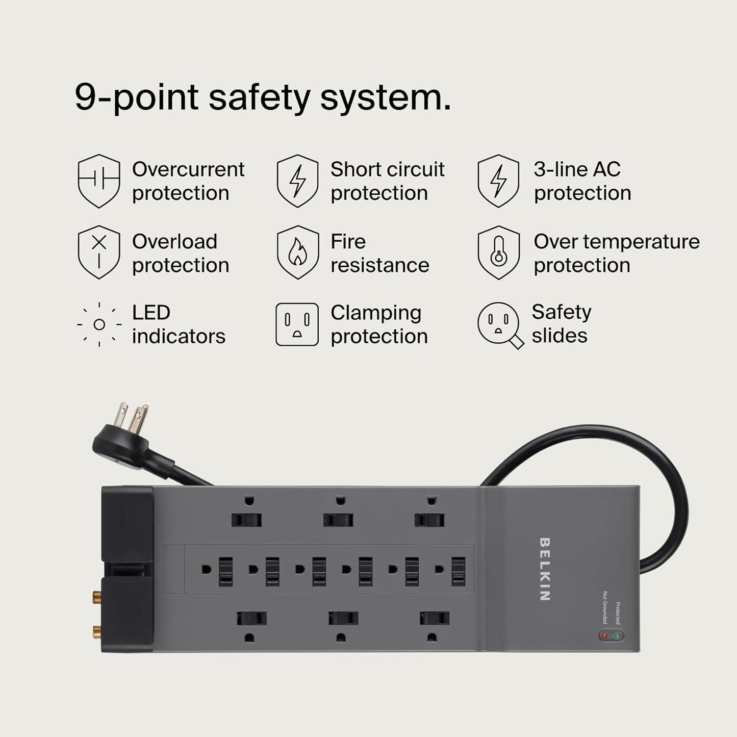 Belkin Surge Protector Power Strip w/ 12 AC Outlets & 8ft Long Flat Plug, UL-listed Heavy-Duty Extension Cord for Home, Office, Travel, Computer, Laptop, Phone Charger - 3,940 Joules of Protection