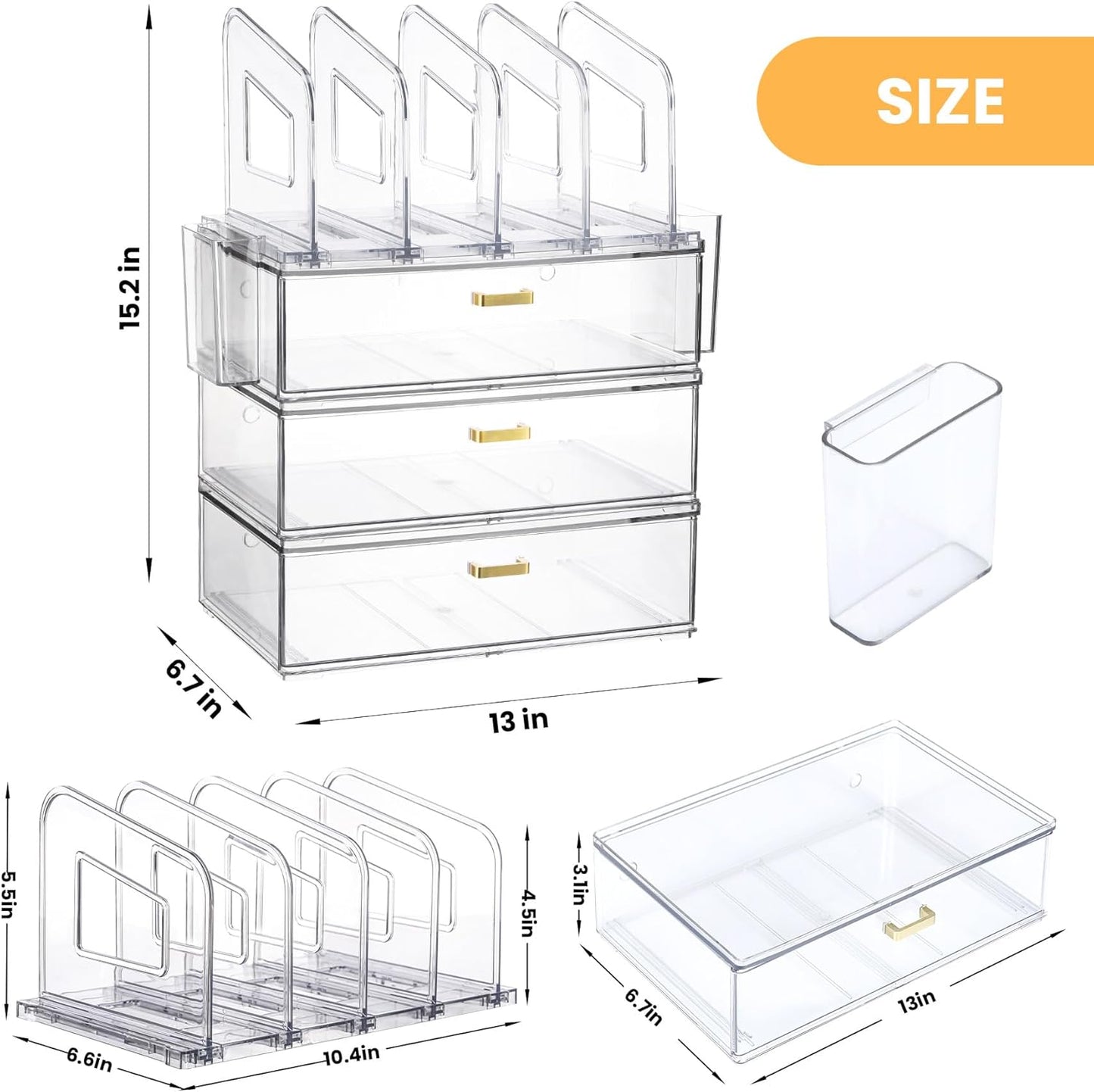 Acrylic Desk Organizer Set, 3 Pack Stackable Desktop Drawer Organizer with 4 Vertical File Holders and 2 Pen Holders, Desk Organizers and Accessories for Home Office Storage