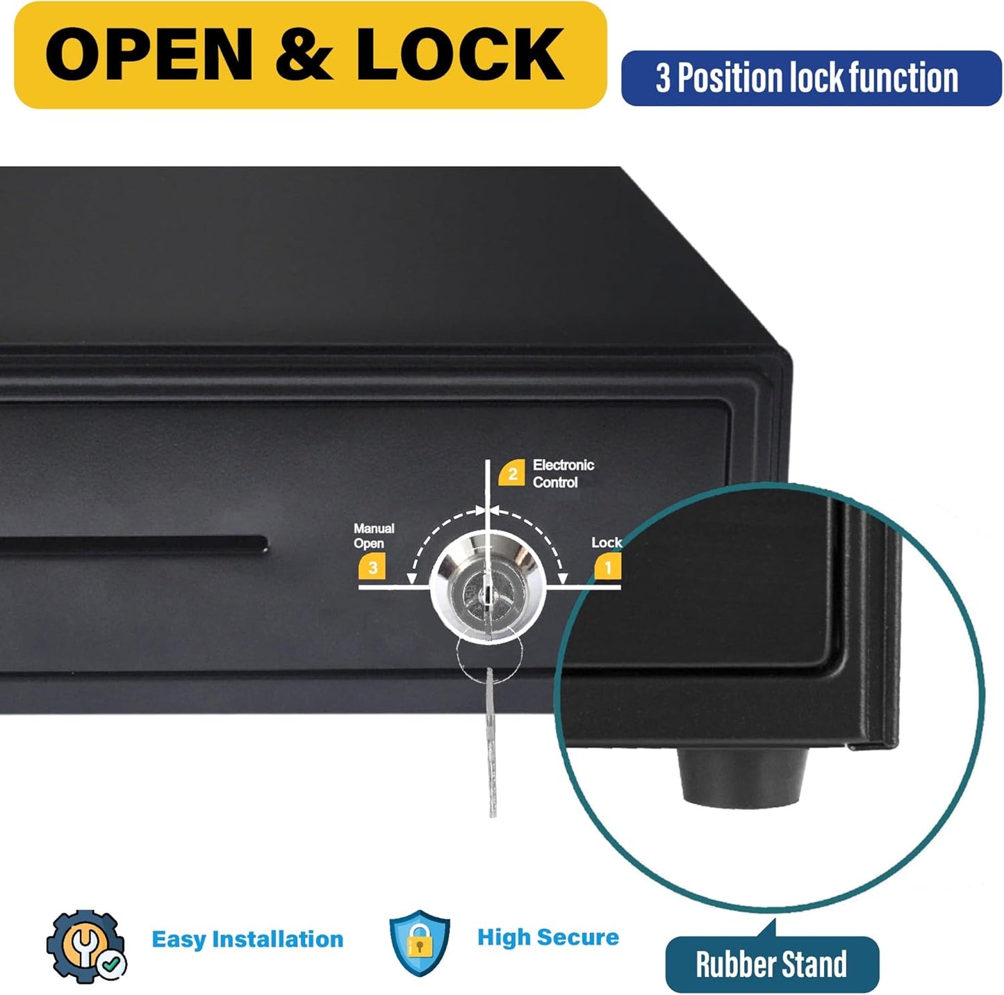 HK SYSTEMS 16inch Heavy Duty POS Cash Drawer with 5Bill/5Coin, Removable Coin Compartment, 24V, RJ11, Single Large Media Slot, Black